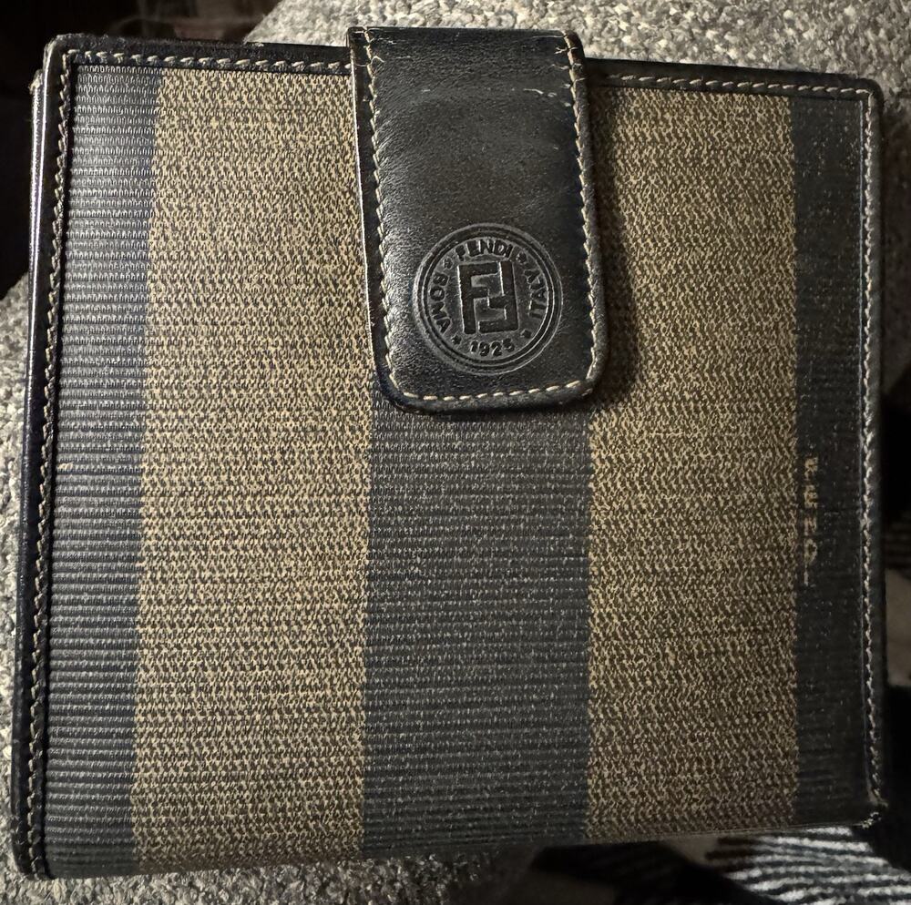 Vintage FENDI Pequin Striped Wallet Black Leather Bi-fold 1980s SAS Authentic
